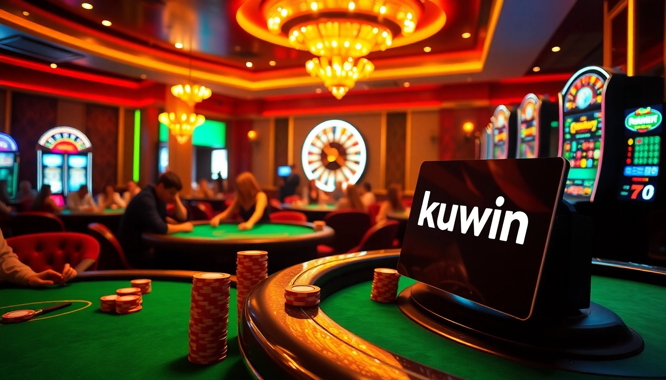 Kuwin logo prominently displayed on a vibrant casino slot machine amid an exciting gaming scene.