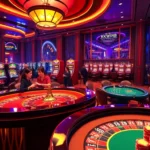Exciting casino scene featuring players at a roulette table and slot machines, promoting https://kkwinb.com/ with vibrant colors.