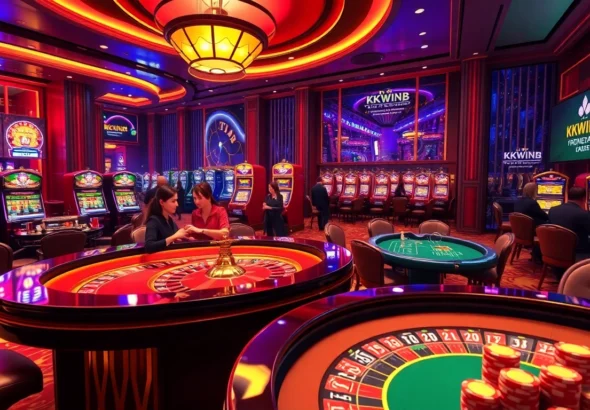 Exciting casino scene featuring players at a roulette table and slot machines, promoting https://kkwinb.com/ with vibrant colors.