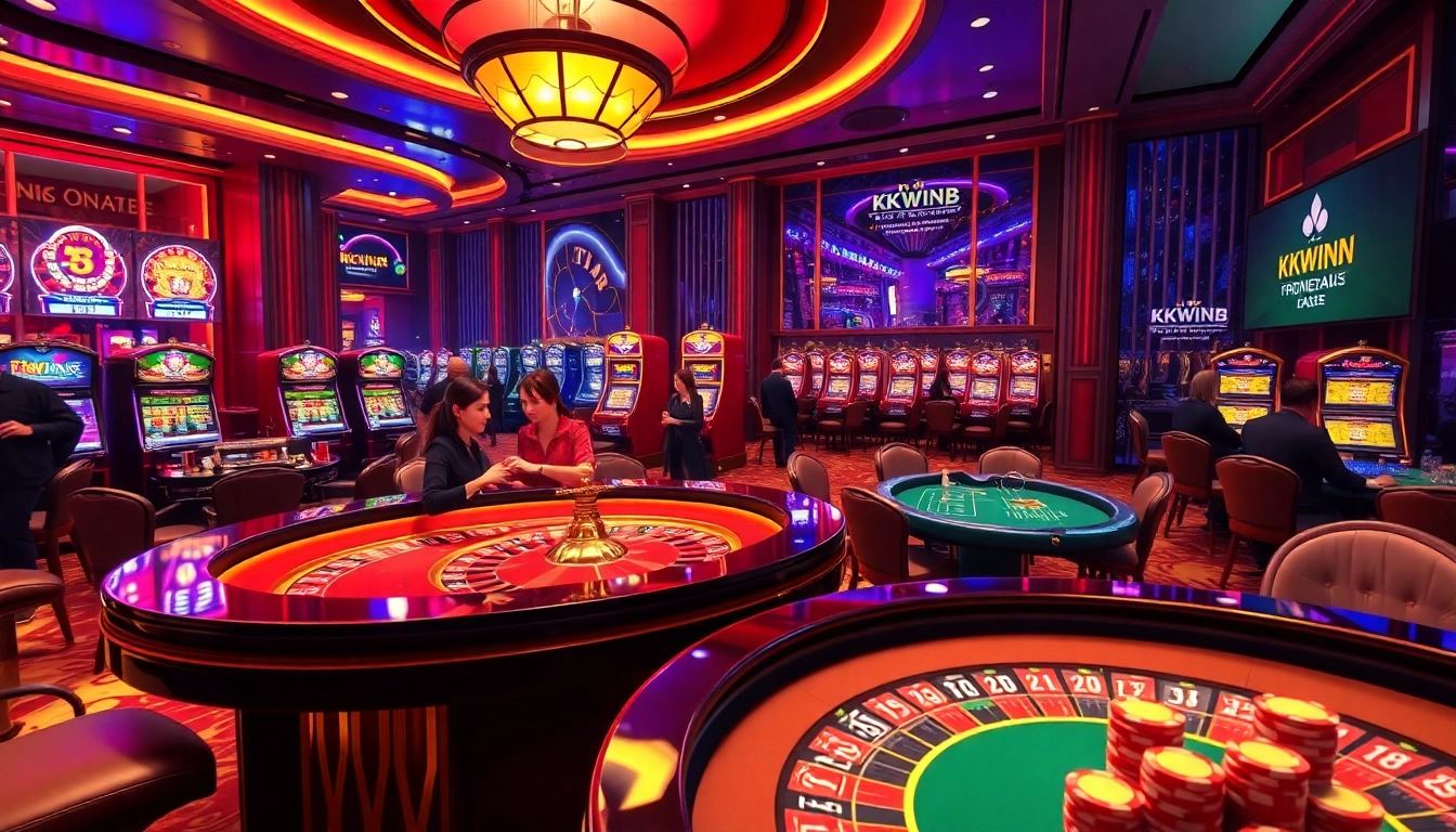 Exciting casino scene featuring players at a roulette table and slot machines, promoting https://kkwinb.com/ with vibrant colors.