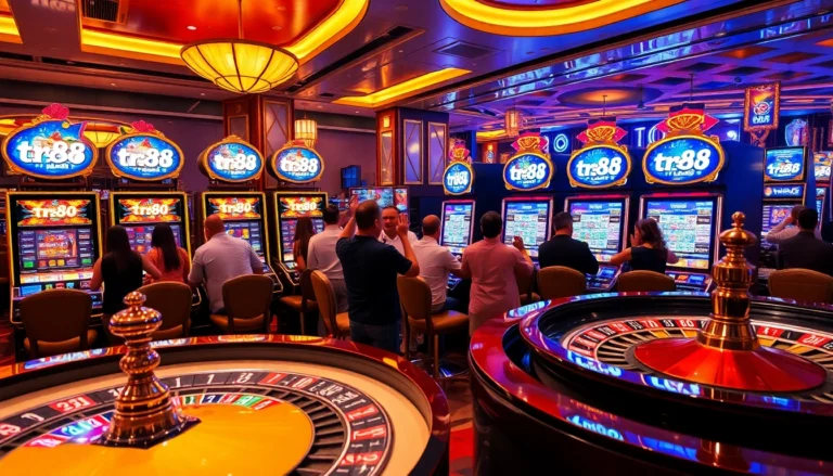 Experience the excitement of tr88 nổ hũ as players win big at vibrant slot machines in a bustling casino.